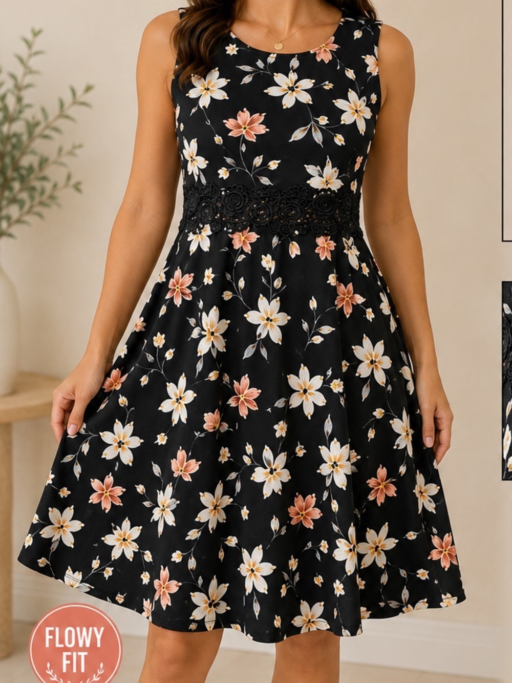 OWIN Black Floral Mini Dress Lace Waist LARGE dress Pit 17” Length 38”
